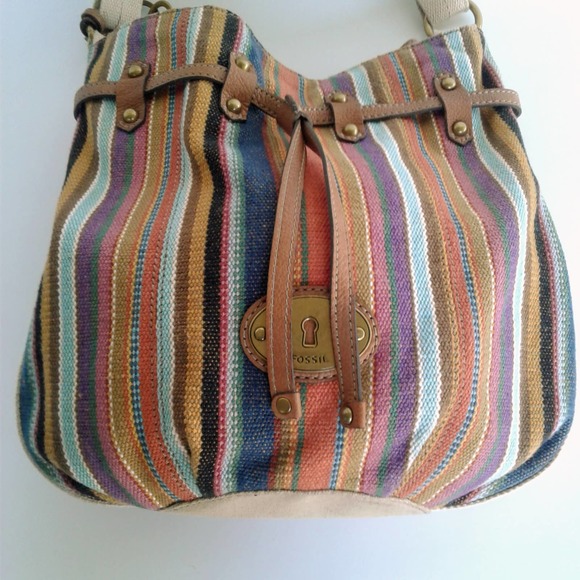 Fossil  Striped Women's Brown Canvas Shoulder Bag Leather Accents Handbag Medium - Picture 8 of 12